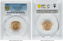Edward VII gold 1/2 Sovereign 1907 MS63 PCGS, KM804, S-3974B. An engaging Choice specimen decorated with ample luster, with a bright spot under the Ki...
