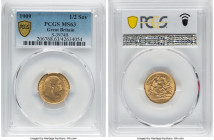 Edward VII gold 1/2 Sovereign 1909 MS63 PCGS, KM804, S-3974B. Softly velveteen surfaces on this Choice offering struck on a straw-yellow planchet. HID...