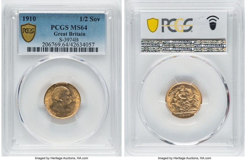 Edward VII gold 1/2 Sovereign 1910 MS64 PCGS, KM804, S-3974B. A good-looking, cr...
