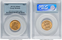 Edward VII gold Sovereign 1907 MS63 PCGS, KM805, S-3969. A gratifying example in Choice technical grade, exhibitig gingerly rotating luster across lig...