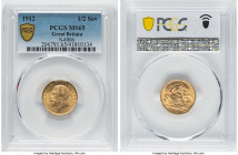 George V gold 1/2 Sovereign 1912 MS65 PCGS, KM819, S-4006. A scarce Gem graded piece, bested by only one specimen in the PCGS population, with attract...