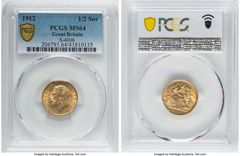 George V gold 1/2 Sovereign 1912 MS64 PCGS, KM819, S-4006. Confidently Choice of...