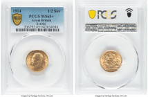 George V gold 1/2 Sovereign 1914 MS65+ PCGS, KM819, S-4006. On the higher end of the assigned grade as indicated by the "+" designation. HID0980124201...