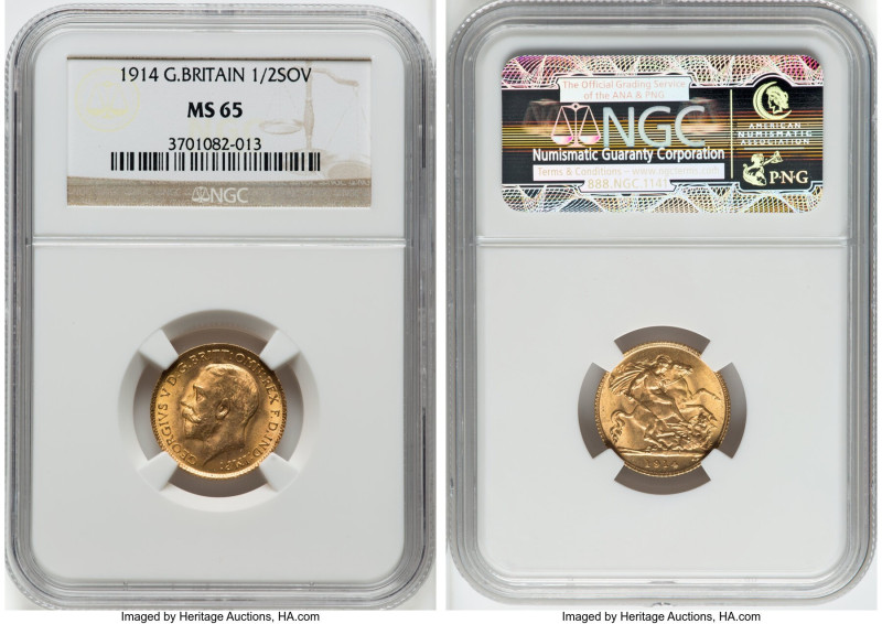 George V gold 1/2 Sovereign 1914 MS65 NGC, KM819, S-4006. A sublime Gem with sat...