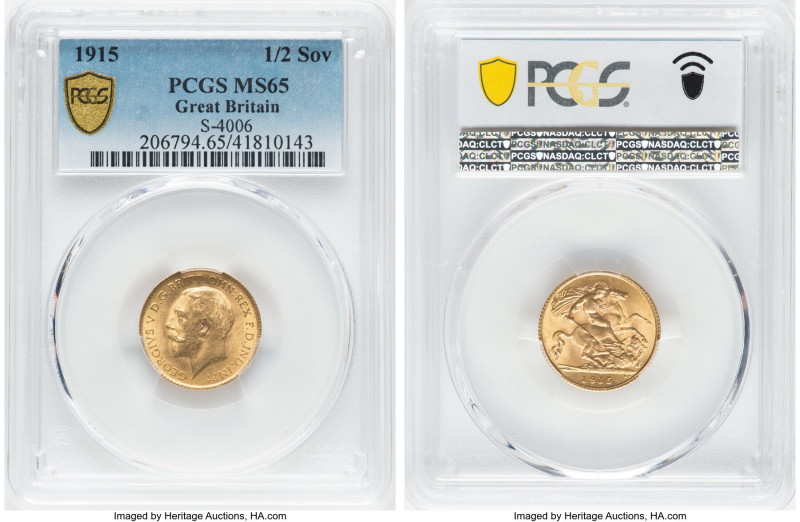 George V gold 1/2 Sovereign 1915 MS65 PCGS, KM819, S-4006. Wonderfully complete ...