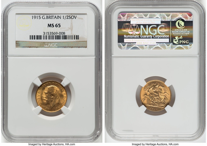 George V gold 1/2 Sovereign 1915 MS65 NGC, KM819, S-4006. An alluring specimen i...