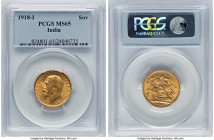 British India. George V gold Sovereign 1918-I MS65 PCGS, Bombay mint, KM-A525, S-3998. Distinctly warm undercurrent on the surfaces, complimented by p...