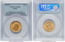 British India. George V gold Sovereign 1918-I MS65 PCGS, Bombay mint, KM-A525, S-3998. An attractive Gem, with an intriguing olive undertone and grati...