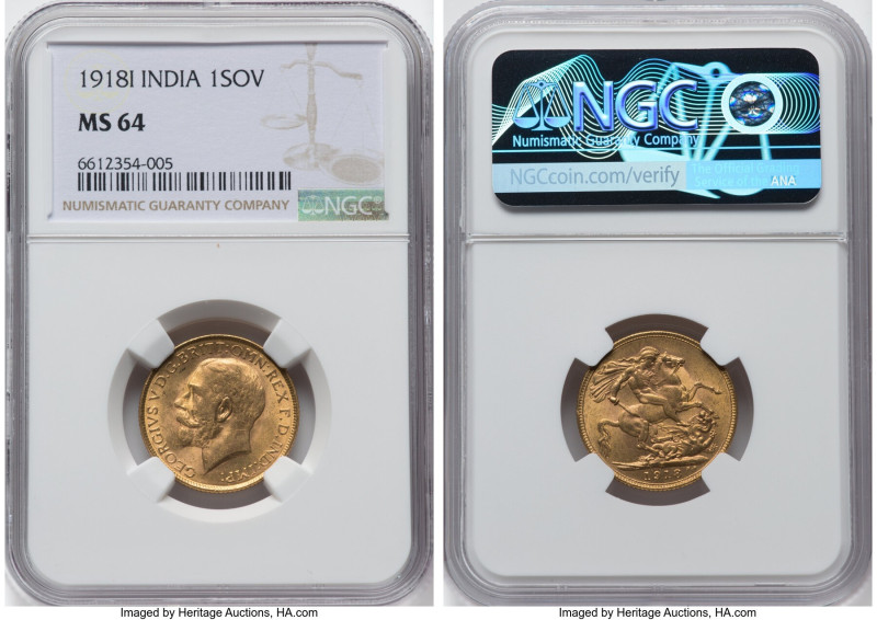 British India. George V gold Sovereign 1918-I MS64 NGC, Bombay mint, KM-A525, S-...