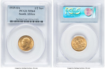 George V gold 1/2 Sovereign 1925-SA MS64 PCGS, Pretoria mint, KM20, S-4010. Appreciably satiny and lustrous surfaces with pleasing old-gold hue. HID09...