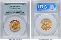 George V gold Sovereign 1927-SA MS65 PCGS, Pretoria mint, KM21, S-4004. Blessed with booming luster cascading across the fields. A small instance of c...