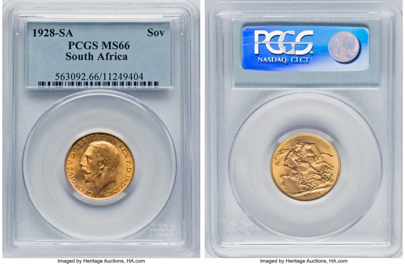 George V gold Sovereign 1928-SA MS66 PCGS, Pretoria mint, KM21, S-4004. A sublim...