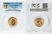 George V gold Sovereign 1928-SA MS64+ PCGS, Pretoria mint, KM21, S-4004. A handsome representative with an abundance of luster roaring across the surf...