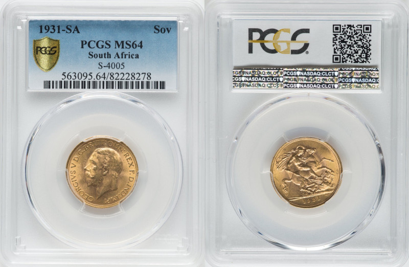 George V gold Sovereign 1931-SA MS64 PCGS, Pretoria mint, KM-A22, S-4005. Small ...