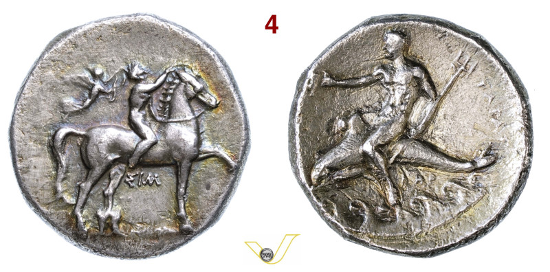 CALABRIA Tarentum (330-325 a.C.) Nomos o Statere. D/ Efebo a cavallo; dietro la ...