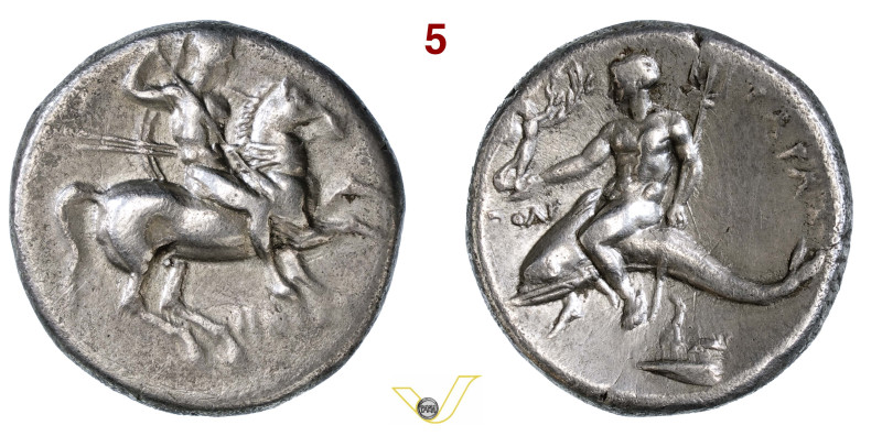 CALABRIA Tarentum Epoca di Pirro (302-281 a.C.) Nomos o Statere. D/ Cavaliere co...