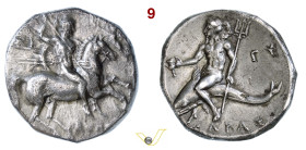CALABRIA Tarentum (280-272 a.C.) Nomos o Statere. D/ Cavaliere con scudo e giavellotto R/ Phalanto su delfino regge kantharos e un tridente HN Italy 1...