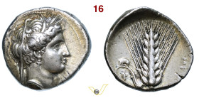 LUCANIA Metapontum (325-300 a.C.) Nomos. D/ Testa di Kore (Demetra) R/ Spiga di Grano; sulla foglia un topolino HN Italy 1570 Noe 473 var. Ag g 7,65 m...