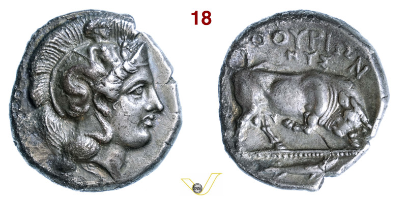 LUCANIA Thurium (400-350 a.C.) Nomos o Statere. D/ Testa elmata di Athena R/ Tor...