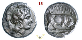 LUCANIA Thurium (400-350 a.C.) Nomos o Statere. D/ Testa elmata di Athena R/ Toro cozzante; all'esergo un tonno HN Italy 1790 SNG ANS 1055 Ag g 7,46 m...