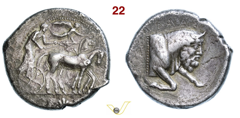 SICILIA Gela (450-440 a.C.) Tetradramma. D/ Quadriga lenta; in alto la Nike in v...