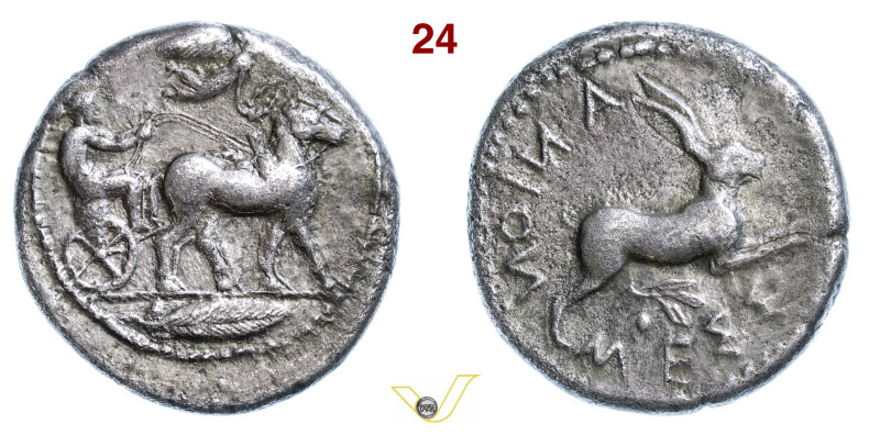 SICILIA Messana (445-439 a.C.) Tetradramma. D/ Biga di muli sormontata da Nike i...