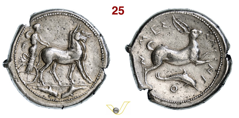 SICILIA Messana (415-405 a.C.) Tetradramma. D/ Biga di muli; all'esergo due delf...