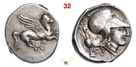 ACARNANIA Leucas (400-330 a.C.) Statere al tipo di Corinto D/ Pegaso R/ Testa elmata di Athena; dietro un'anfora sormontata da grappolo d'uva Calciati...
