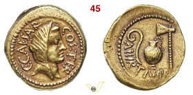 GIULIO CESARE - A. Hirtius († 44 a.C.) Aureo D/ Testa velata (Vesta o la Pietas ?) R/ Strumenti pontificali Cr. 466/1 Calicò 37 B. 23 Au g 8,10 mm 20 ...