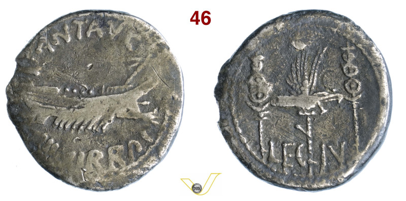 MARC'ANTONIO (32-31 a.C.) Denario, legione IV D/ Galea pretoriana R/ Aquila legi...