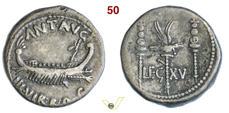 MARC'ANTONIO (32-31 a.C.) Denario, legione XV D/ Galea pretoriana R/ Aquila legi...