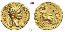 TIBERIO (14-37) Aureo Lugdunum (Lione) D/ Testa laureata R/ Livia seduta con ramoscello e scettro. RIC I, 29 Calicò 305 Au g 7,71 mm 19 • Bel ritratto...