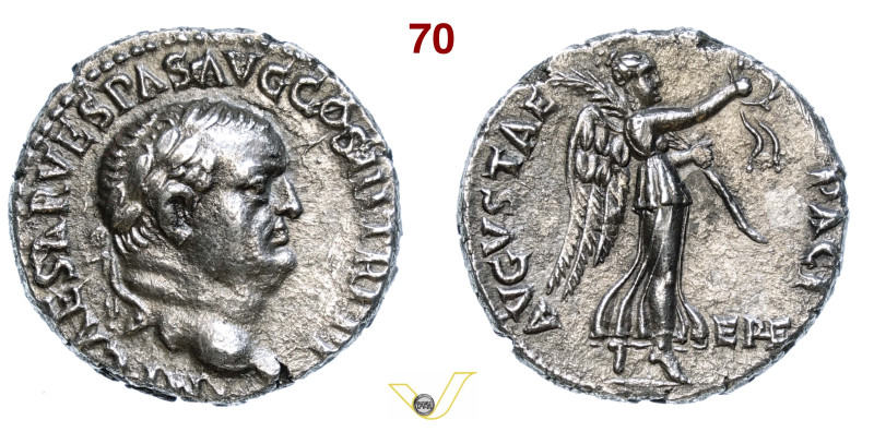 VESPASIANO (69-79) Denario Efeso D/ Testa laureata R/ La Vittoria con corona e p...