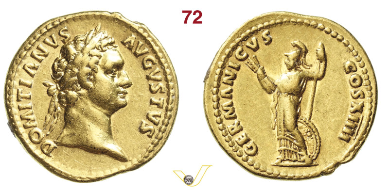 DOMIZIANO (81-96) Aureo D/ Testa laureata R/ Minerva stante con fulmine e lancia...