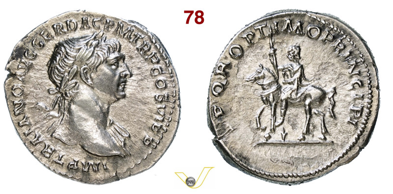 TRAIANO (98-117) Denario D/ Testa laureata R/ L'Imperatore a cavallo, con vittor...