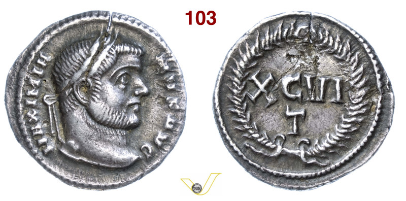 MASSIMIANO ERCOLE (286-305) Argenteo Ticinum D/ Testa laureata R/ XCVI T entro c...