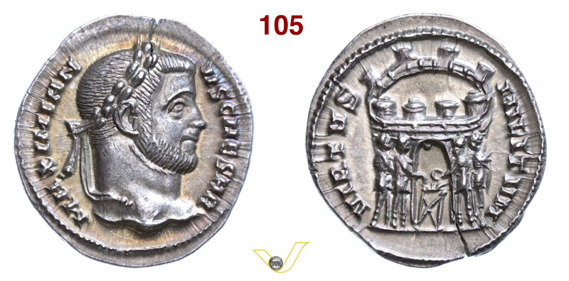 GALERIO, Cesare (293-305) Argenteo Roma D/ Testa laureata R/ I tetrarchi, davant...