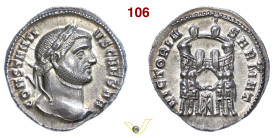 COSTANZO I CLORO, Cesare (293-305) Argenteo Ticinum D/ Testa laureata R/ I tetrarchi, davanti ad un campo militare, in atto di sacrificare su un tripo...