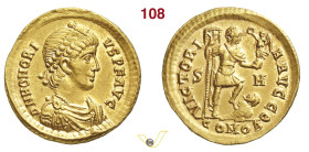 ONORIO (393-423) Solido Sirmium D/ Busto diademato e corazzato R/ L'Imperatore, con labaro e vittoriola, poggia il piede su di un prigioniero a terra....