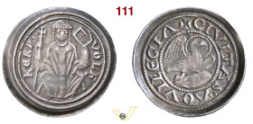 AQUILEIA VOLCHERO (1204-1218) Denaro (1209) D/ Il Patriarca in trono con croce e Vangelo R/ Aquila nimbata in volo con rotolo fra gli artigli MIR 10 B...