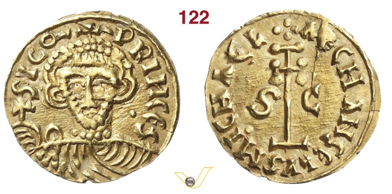 BENEVENTO SICONE, Principe (817-832) Tremisse D/ Busto frontale con globo crucig...