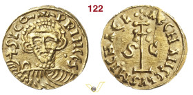BENEVENTO SICONE, Principe (817-832) Tremisse D/ Busto frontale con globo crucigero R/ Croce potenziata fra S C MIR 207 Au g 1,24 mm 16 RR q.SPL