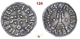BENEVENTO SICONE, Principe (817-832) Denaro D/ Monogramma S I C O R/ Croce potenziata su gradini MIR 215 CNI 83 Ag g 1,16 mm 17 RR • Tondello leggerme...