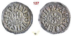BENEVENTO LUDOVICO e ANGILBERGA (870-871) Denaro D/ Croce potenziata su gradini R/ Due croci concentriche MIR 244 CNI 42/47 Ag g 1,10 mm 17 R • Bellis...
