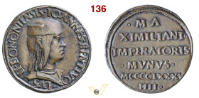 BOLOGNA GIOVANNI II BENTIVOGLIO (1494-1509) Medaglia o prova del Doppio Quarto 1494 D/ Busto con berretto R/ Scritta su 6 righe Chimienti 221 Ae g 12,...