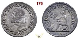 FERRARA ALFONSO I D'ESTE (1505-1534) Testone s.d. "de forti dulcedo" D/ Busto corazzato a s. R/ Sansone, elmato, seduto verso s. reggendo una testa di...
