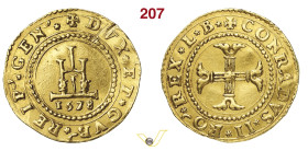 GENOVA DOGI BIENNALI, II fase (1541-1637) Doppia 1578, sigle LB D/ Castello R/ Croce fogliata MIR 205/10 CNI 45/69 Au g 6,64 mm 27 • Graffietto margin...