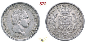 CARLO FELICE (1821-1831) 2 Lire 1831 Genova MIR 1036m Pagani 93 Ag g 10,00 mm 27 R • Patina di monetiere BB/q.SPL