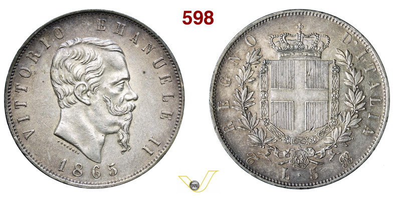 VITTORIO EMANUELE II (1861-1878) 5 Lire 1865 Torino MIR 1082f Pagani 487 Ag g 24...