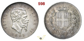 VITTORIO EMANUELE II (1861-1878) 5 Lire 1865 Torino MIR 1082f Pagani 487 Ag g 24,97 mm 37 R • Colpetto ripreso BB÷SPL